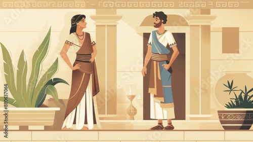 Genesis : Joseph and Potiphar’s Wife , Biblical Illustration: Potiphar’s Wife Making Advances Towards Joseph on Beige Background, Copyspace photo