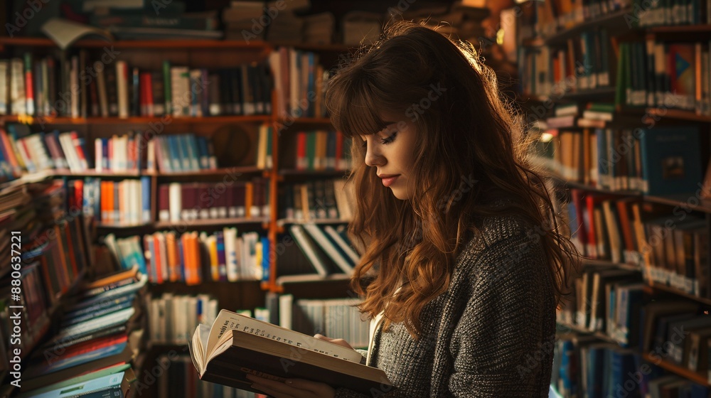 Female student reading a book in a library. Education and knowledge concept. Female student reading a book in a library. Education and knowledge concept.