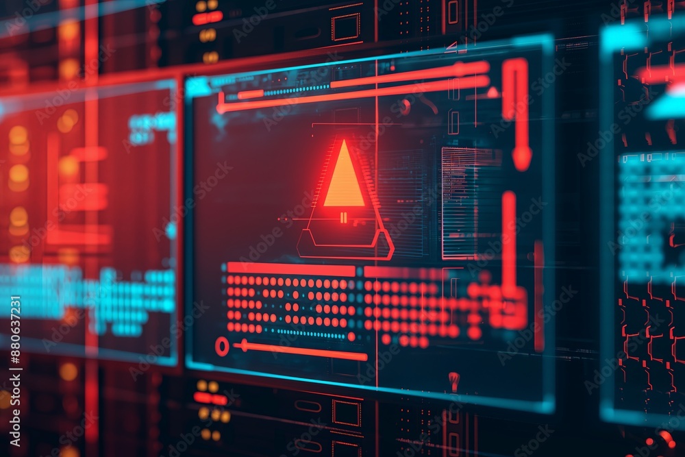 A computer screen shows a prominent red alert sign, suggesting a ...