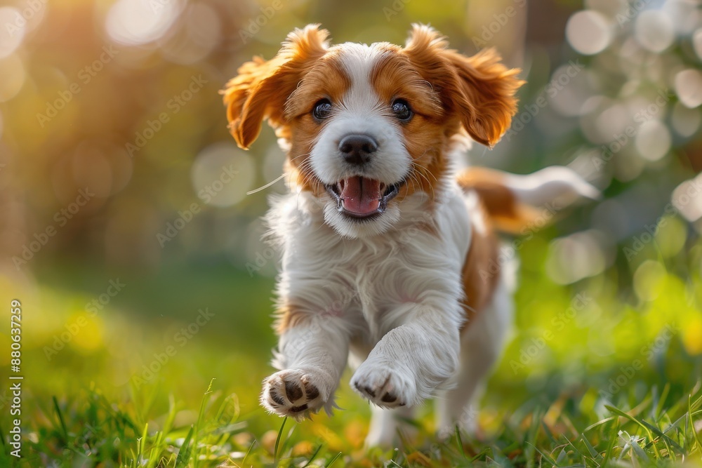 A playful puppy with a brown and white coat energetically runs in a sunny outdoor setting, displaying a sense of joy and exuberance, with lush greenery in the background. A playful puppy with a brown and white coat energetically runs in a sunny outdoor setting, displaying a sense of joy and exuberance, with lush greenery in the background.