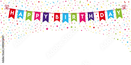 Happy birthday banner. Birthday party hanging bunting flags with confetti on white background.