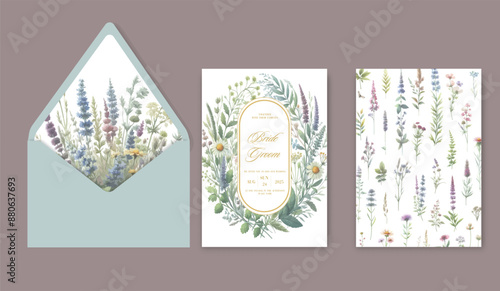 Watercolor wedding invitation template set with wildflower and garden flowers.