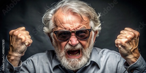 A gray-haired elderly man in dark glasses waves his fists in anger, conveying a sense of indignation and frustration, 