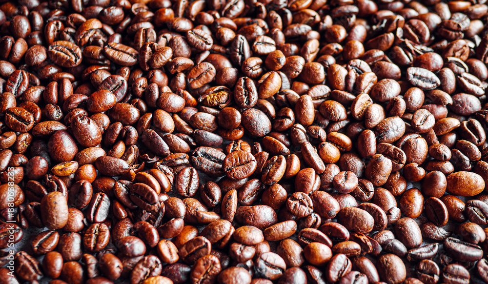 Fototapeta premium Top view of backdrop dark brown coffee beans and Textured background of freshly roasted coffee beans