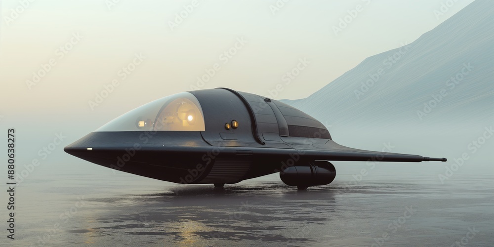 Futuristic black spaceship resting on a serene, misty landscape with mountains in the background under a soft, foggy sky. Futuristic black spaceship resting on a serene, misty landscape with mountains in the background under a soft, foggy sky.