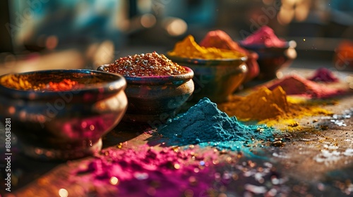 Various vibrant powders in bowls on a table, ready for use in cooking or crafting projects.