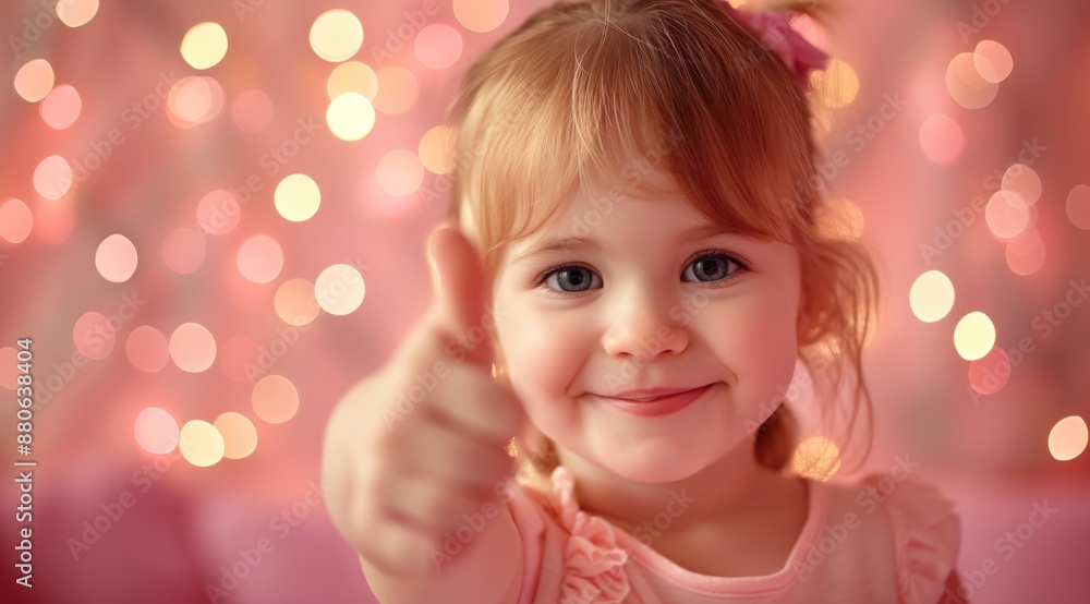 Closeup of happy little child giving thumbs up on blurred indoor background. Closeup of happy little child giving thumbs up on blurred indoor background.