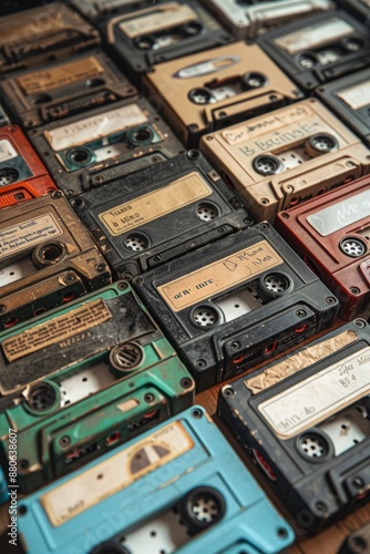 Vintage Audio Cassettes Arranged in a Grid on a Wooden Surface