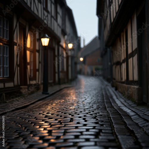 Cobblestone Street at Twilight in a European Village © Xistudio