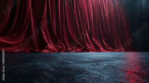 An artistic capture of deep red curtains hanging on an empty stage in dark lighting, creating a sense of anticipation and the potential for drama to unfold. photo