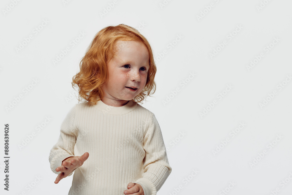 Little girl with red hair standing in white sweater against background of white wall, portrait of youthful beauty Little girl with red hair standing in white sweater against background of white wall, portrait of youthful beauty
