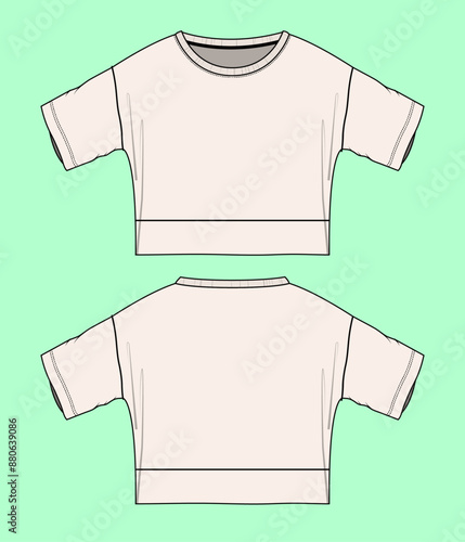 ladies nightwear terry fleece drop shoulder half sleeve crew neck t-shirt for sleepwear fashion illustration flat sketch vector. 