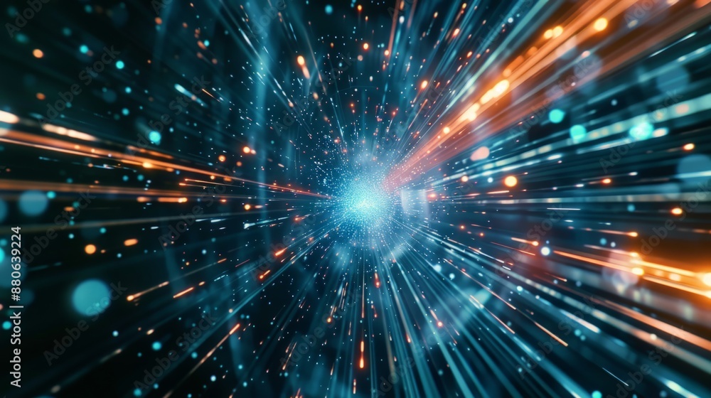 Abstract depiction of a dynamic burst of blue and orange light particles, conveying speed and energy, horizontal illustration, copy space. defocus Abstract depiction of a dynamic burst of blue and orange light particles, conveying speed and energy, horizontal illustration, copy space. defocus