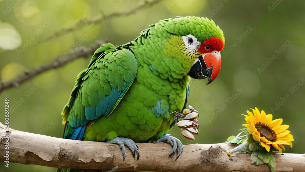 Naklejka premium Two green parrots are perched on a branch near a small wooden birdhouse.
