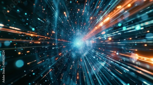 Abstract depiction of a dynamic burst of blue and orange light particles, conveying speed and energy, horizontal illustration, copy space. defocus