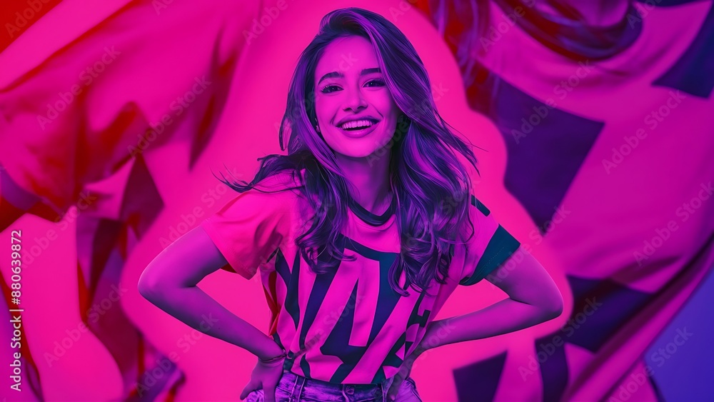 Young happy smiling Latin woman model wearing tshirt standing on color background Young happy smiling Latin woman model wearing tshirt standing on color background
