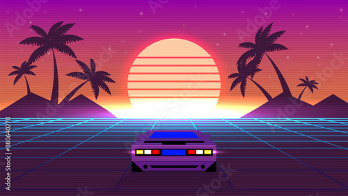 1980s retro wave background,Old school video racing game,illustration of a future car driving through neon cyberpunk perspective grid. 