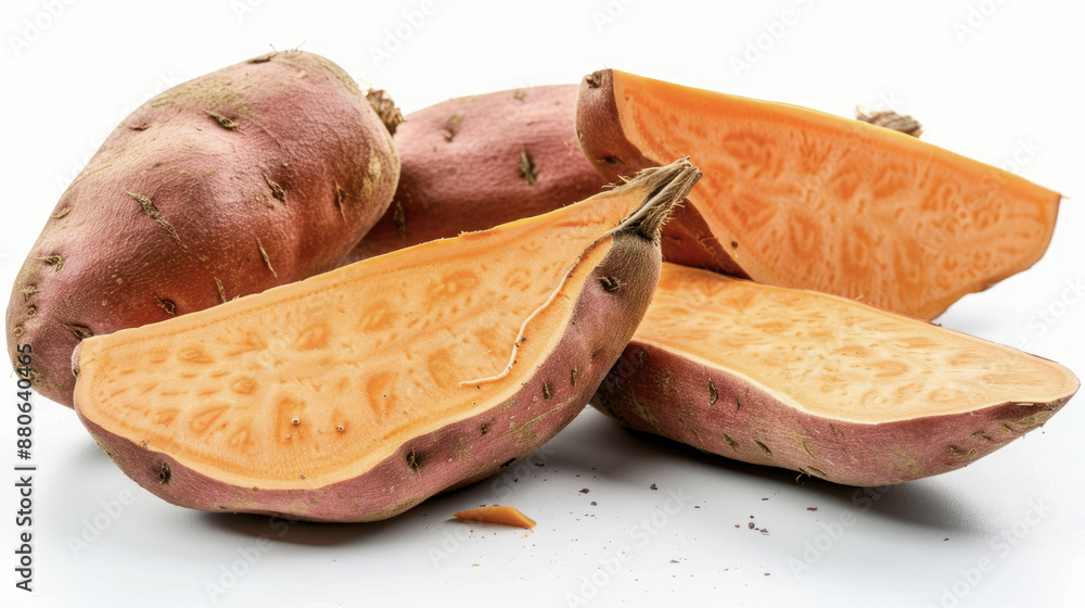 Fresh Sweet Potatoes with Slices on White Background Fresh Sweet Potatoes with Slices on White Background