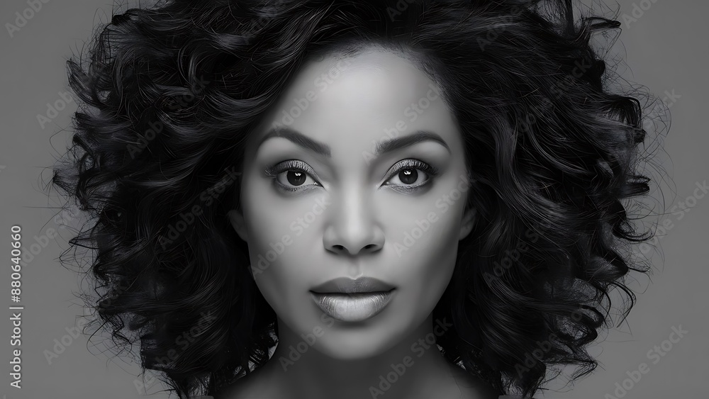 Close-up shot of a black woman with curly hair against gray neutral background with Close-up shot of a black woman with curly hair against gray neutral background with