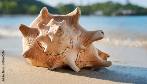 Dog head triton shell on clean sand. Summer vacation. Natural element. photo