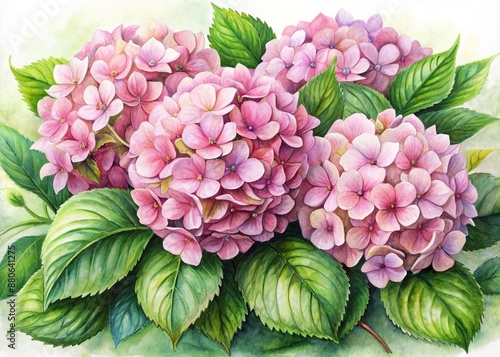 Delicate pink hydrangea flowers bloom in soft, dreamy watercolor hues, surrounded by lush green foliage, in a whimsical, hand-painted, botanical illustration style artwork.