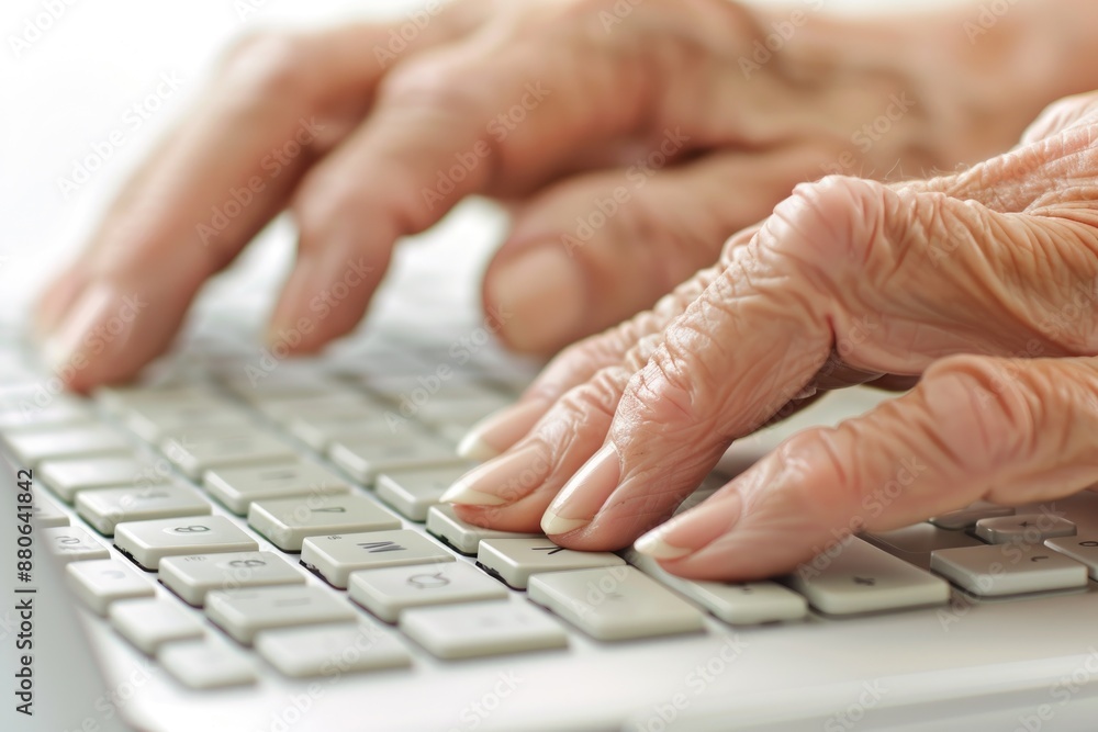 Senior Hands Typing on Keyboard: Aging and Technology, Elderly Digital Skills, Close-Up Senior Hands Typing on Keyboard: Aging and Technology, Elderly Digital Skills, Close-Up