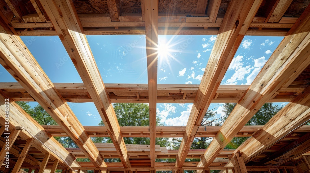 Obraz premium Wooden roof structure under construction with sky view