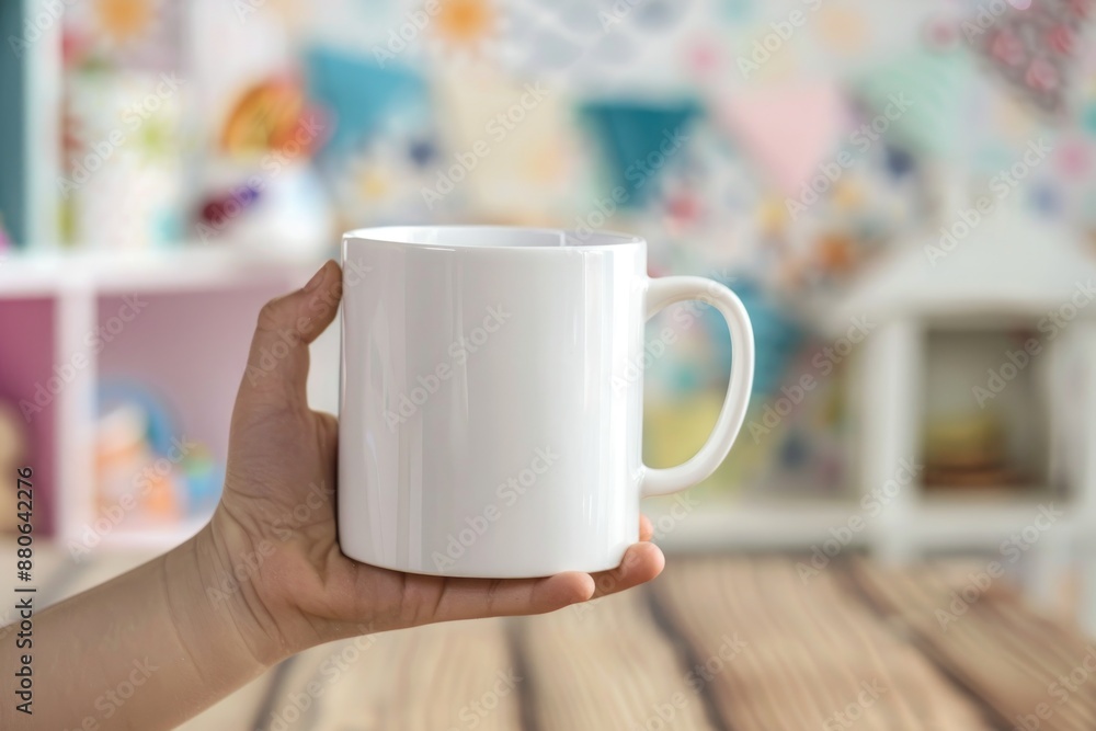 Hand Holding White Mug Against Colorful Background in Cozy Room Setting Hand Holding White Mug Against Colorful Background in Cozy Room Setting