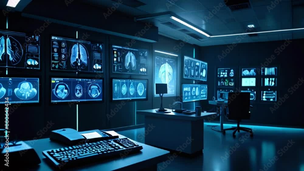 A dark room with many computer screens showing medical video A dark room with many computer screens showing medical video