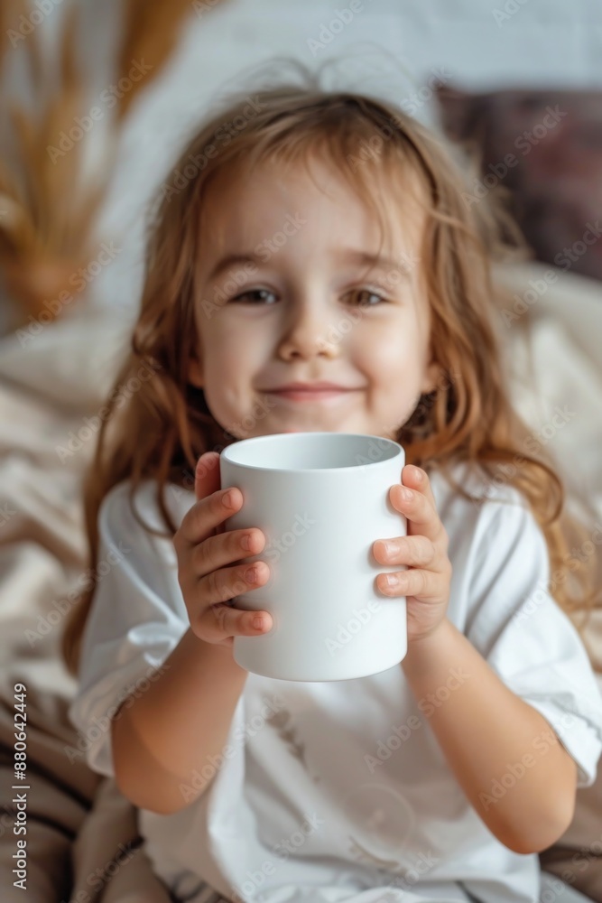 Happy Child Holding a Mug - Cute Girl Enjoying Morning Drink at Home Happy Child Holding a Mug - Cute Girl Enjoying Morning Drink at Home