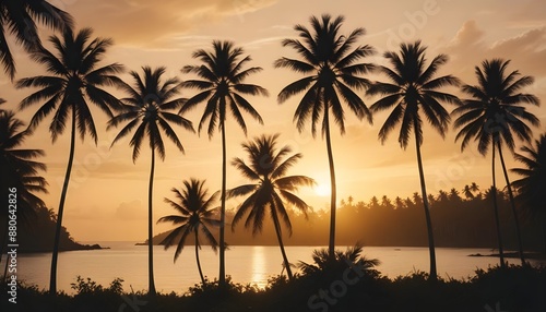 Idyllic island landscape with clusters of tall coconut palm trees silhouetted against a golden sunset 