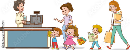 Mother and Kids Navigating the Aisles of a Crowded Supermarket and Making Grocery Shopping a Fun Family Trip. Cartoon People Vector Illustration