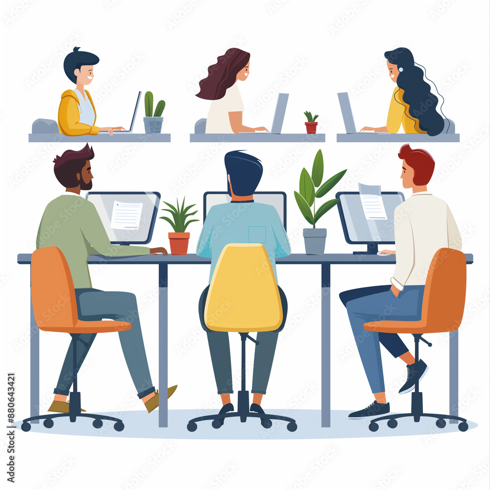 A group of people are working together in an office. There are several people sitting at desks with laptops and a few potted plants in the background. The atmosphere seems to be collaborative A group of people are working together in an office. There are several people sitting at desks with laptops and a few potted plants in the background. The atmosphere seems to be collaborative