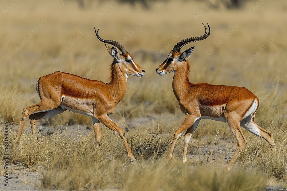 Two antelopes with antlers leap energetically in a dry, grassy landscape under a clear sky, showcasing the grace and agility of these wild animals in their natural habitat. Two antelopes with antlers leap energetically in a dry, grassy landscape under a clear sky, showcasing the grace and agility of these wild animals in their natural habitat.