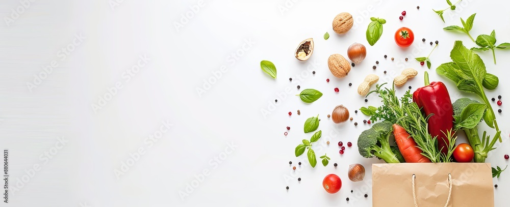Paper Bag Full of Fresh Fruits, Vegetables, and Healthy Foods on White Background with Copy Space for Web Banner Paper Bag Full of Fresh Fruits, Vegetables, and Healthy Foods on White Background with Copy Space for Web Banner