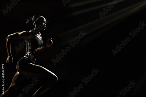 Black woman sprinter taking a star over black background with plenty of empty copy space Generative Ai © LayerAce.com