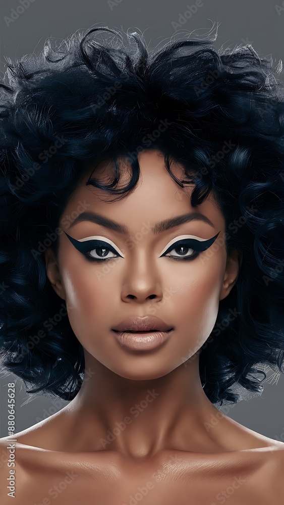 Close-up shot of a black woman with curly hair against gray neutral background with Close-up shot of a black woman with curly hair against gray neutral background with