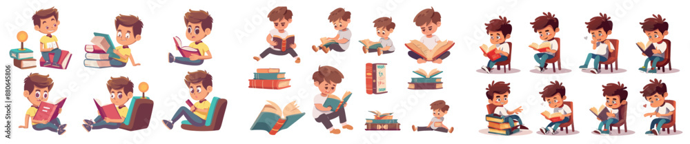 Animated cartoon of kid reading book in school library. Cute character studying english in preschool isolated icon set. Young student sitting with literature clipart. Animated cartoon of kid reading book in school library. Cute character studying english in preschool isolated icon set. Young student sitting with literature clipart.