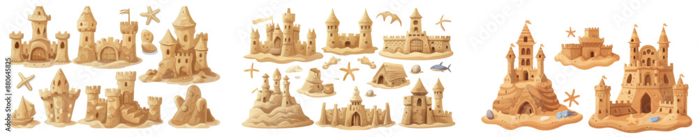 Set of sand castles isolated on white background. Modern cartoon illustration of beach sculptures in shape of medieval fortress with towers, starfish and stones. Childhood fun, resort leisure. Set of sand castles isolated on white background. Modern cartoon illustration of beach sculptures in shape of medieval fortress with towers, starfish and stones. Childhood fun, resort leisure.