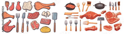 Grill meal and cooking supplies cartoon collection. Illustration of chicken or turkey leg on bone, pork or beef steak, spatula, fork and brush for barbecue.