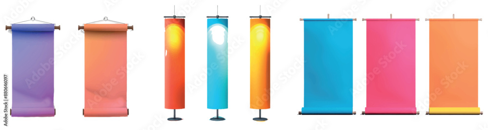 A 3D set of blank advertising stands isolated on a white background. Illustration of a trade show booth equipment, banner mockup for presenting a product, and pop-up poster. A 3D set of blank advertising stands isolated on a white background. Illustration of a trade show booth equipment, banner mockup for presenting a product, and pop-up poster.