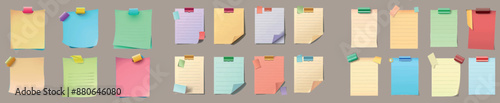 The set of paper notes is isolated on a white background and is presented in a realistic way, with the notepad pages attached to the wall with colored sticky tape, with a reminder message, to-do