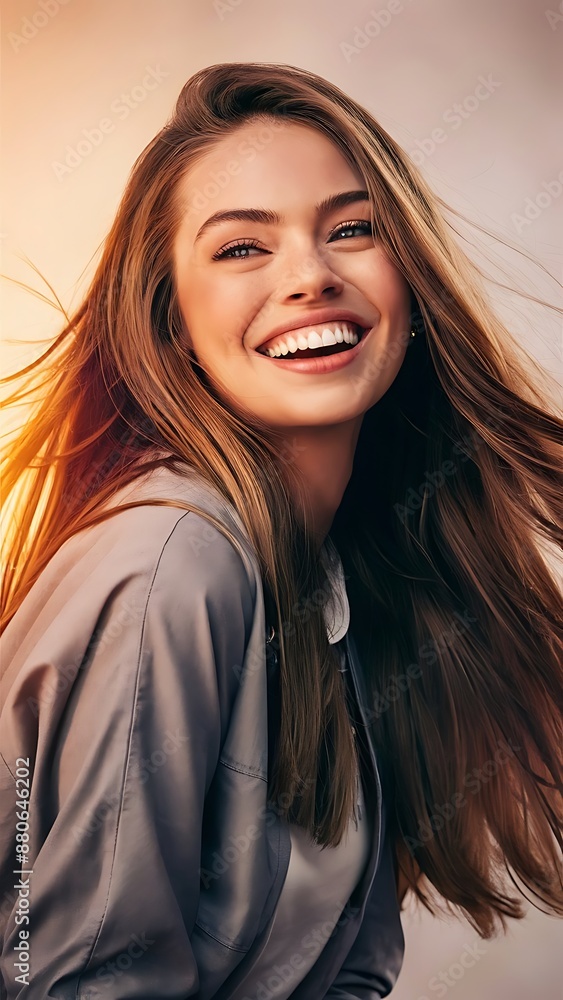 Fototapeta premium Happy smiling young woman with beautiful long brown hair