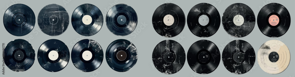 Vinyl record covers set with distressed edges isolated on a transparent ...