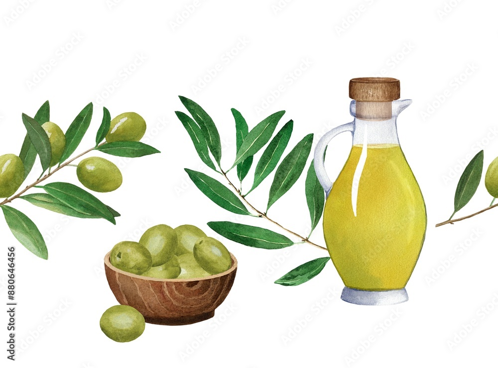 Seamless border with glass jug with olive oil, olive branch and bowl with green olives. Watercolor illustration on white background. For cards, design Seamless border with glass jug with olive oil, olive branch and bowl with green olives. Watercolor illustration on white background. For cards, design