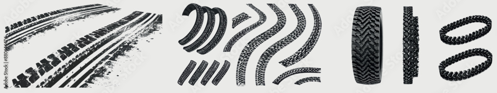 Tracks from black car tires isolated on white background. Grunge winding trace from vehicle tires in top and perspective. Modern graphic set with tread marks. Tracks from black car tires isolated on white background. Grunge winding trace from vehicle tires in top and perspective. Modern graphic set with tread marks.