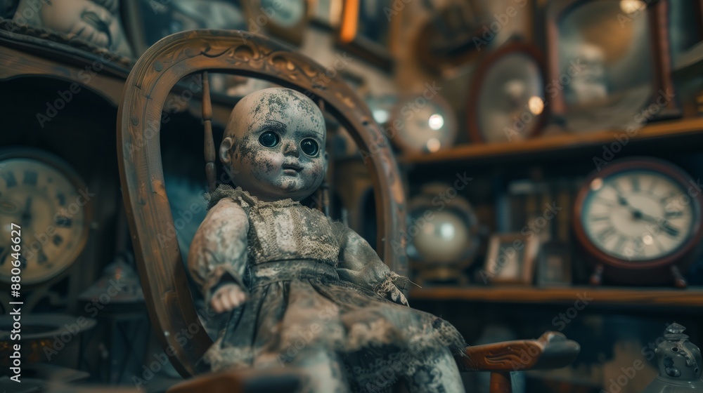 Fototapeta premium Cursed Antique Shop: Inside a dimly lit, dusty antique shop, A creepy, life-sized doll with cracked porcelain skin
