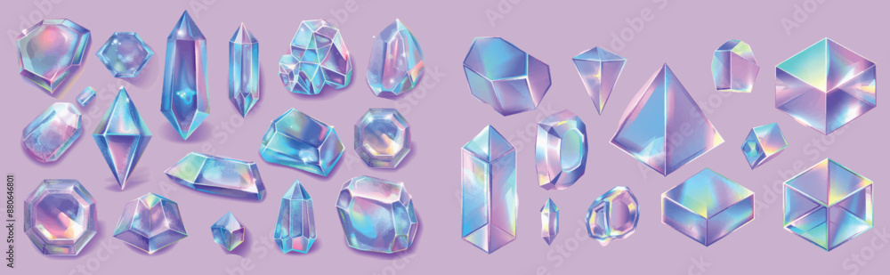 Modern realistic illustration of iridescent abstract, cube, cone, pyramid shape design elements with transparent rainbow color surface on a white background. Modern realistic illustration of iridescent abstract, cube, cone, pyramid shape design elements with transparent rainbow color surface on a white background.