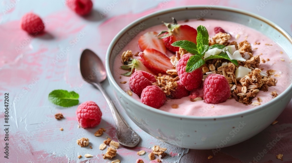 Guava smoothie bowl topped with granola and fresh fruit, vibrant and healthy, Guava smoothie bowl topped with granola and fresh fruit, vibrant and healthy,
