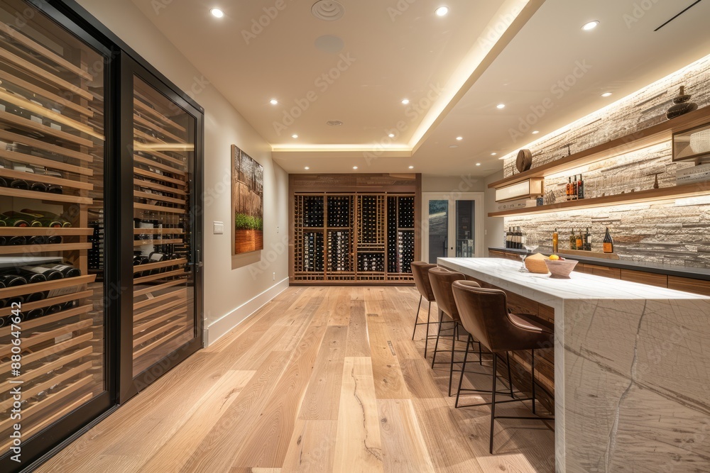 Modern Wine Cellar With Custom Racks and Stone Bar